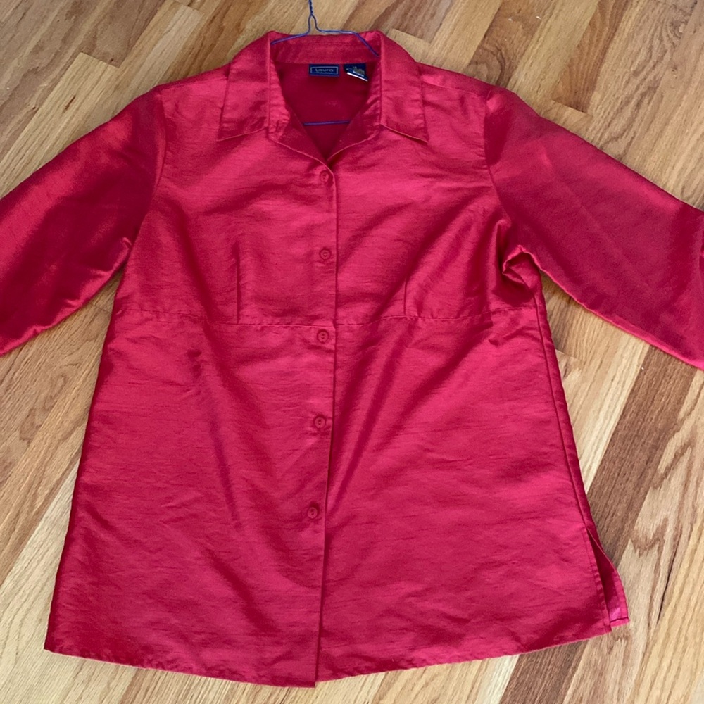 Laura Scott 14 Red Tafetta Like Tunic Holiday Shirt
